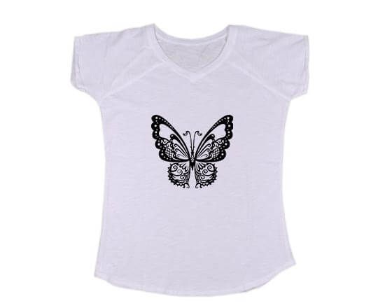 T-shirt con scollo a V e grafica con farfalla