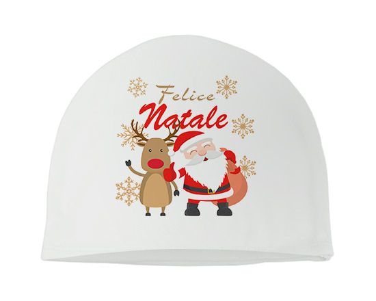 Cappellino in pile con Babbo Natale e renna