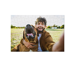 Puzzle in legno 25x36 cm foto cane con padrone