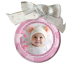 Palla di natale trasparente rosa nascita bambina cuori ciuccio