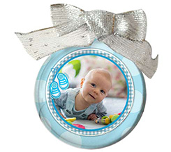 Palla di natale trasparente celeste nascita bambino scarpette