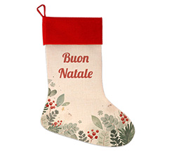 Calza natalizia in juta personalizzata con grafica Foglie di vischio