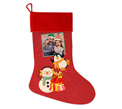 Calza natalizia in juta con foto personalizzata e grafica Pinguino e pupazzo di neve