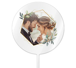 Cake topper tondo per matrimonio con grafica esagono floreale e foto