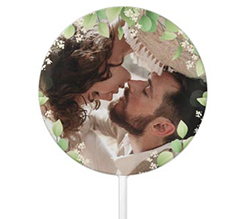 Cake topper tondo per matrimonio con grafica cerchio foglie con foto