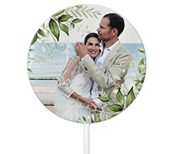 Cake topper tondo per matrimonio con grafica cornice foglie con foto