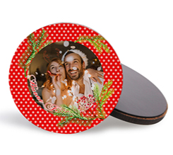 Calamita tonda in legno con foto e grafica Bacche natalizie