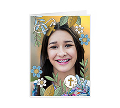 Card auguri Cresima con simboli sacri e foto