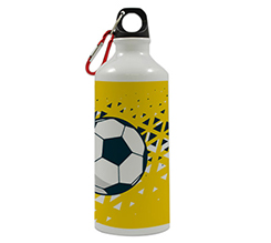 borraccia sportiva con grafica a tema calcio con sfondo giallo