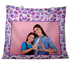 Borsa mare con grafica maculata viola e foto