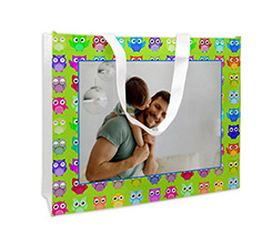 Borsa spesa con immagine e grafica gufetti colorati