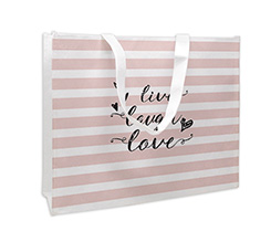 Borsa spesa con grafica a righe bianche e rosa e frase