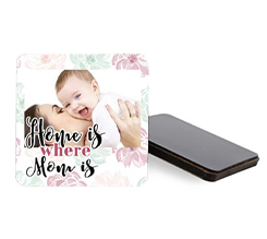 Calamita quadrata in legno con foto e grafica Home is mom