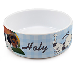 ciotola pe cani personalizzata con foto e grafica con cagnolino e osso