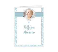 Biglietto personalizzato per battesimo con nome, foto e grafica celeste