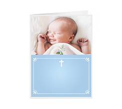 Biglietto a 2 ante per nascita con grafica sacra colore celeste