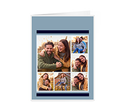 Biglietto auguri con collage di foto e sfondo celeste