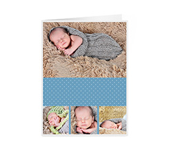 Biglietto auguri con grafica collage su sfondo celeste