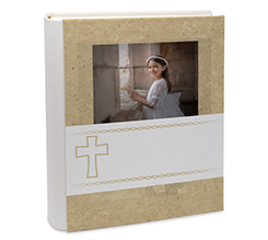 album per comunione con foto e grafica beige con fascia bianca e croce