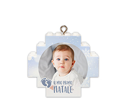 Pallina di natale in mattoncini con foto e grafica primo natale celeste