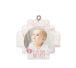 Pallina di natale in mattoncini con foto e grafica primo natale rosa
