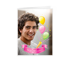 Biglietto auguri pieghevole per compleanno con foto e palloncini