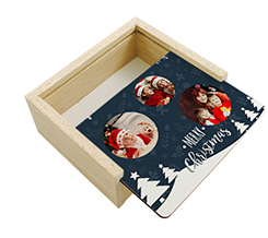 Scatola portaoggetti in legno Grafica Merry Christmas e collage di foto