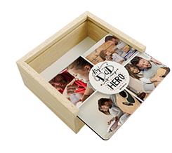 Scatola portaoggetti in legno con collage foto e dedica per papà