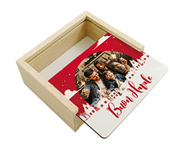 Scatola portaoggetti in legno con foto centrale e auguri di Buon Natale