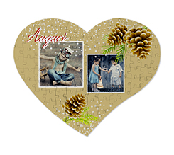 Puzzle cuore A3 in legno collage 2 riquadri e pigne natalizie