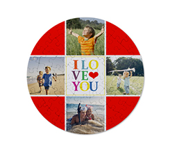 Puzzle rotondo con grafica i love you e collage di foto