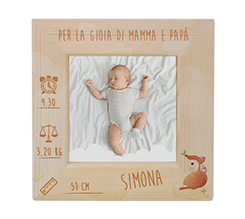 Quadretto legno con stampa fotografica e grafica nascita cerbiatto
