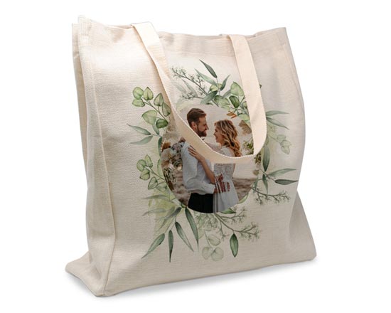 Shopper in Juta Large per Matrimonio grafica Foglie verdi Cerchio con Foto