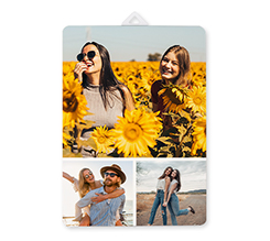 Pannello in legno verticale con grafica collage 3 riquadri