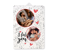 Pannello in legno con foto e grafica I Love You per San Valentino