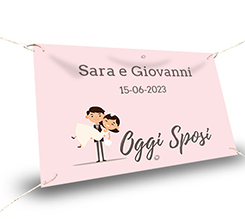 striscione matrimonio grande con grafica con sposini e scritta oggi sposi