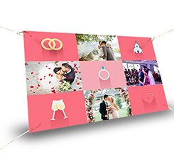 striscione per matrimonio formato grande con collage di foto e simboli matrimonio