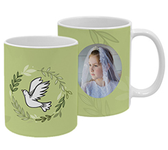 Tazza Prima Comunione con immagine e grafica colomba e ulivo