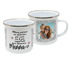 Tazza in metallo smaltato, personalizzata con foto e grafica per la festa della mamma