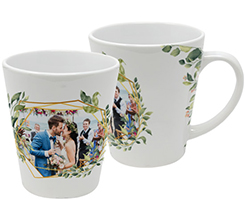 tazza per colazione a tema matrimonio con foto e cornice geometrica con rami