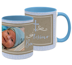 Tazza personalizzata con foto per il battesimo con grafica celeste
