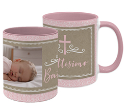 Tazza personalizzata con foto e grafica rosa per il battesimo