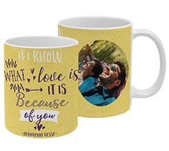 Tazza personalizzata con grafica gialla e foto