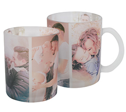 Tazza in vetro satinato personalizzata con collage foto 3 riquadri