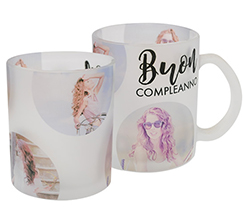 crea tazza in vetro con 4 tra le tue foto preferite e grafica buon compleanno