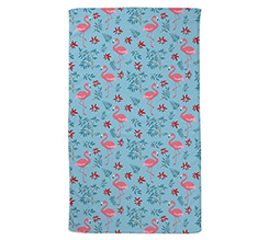 Telo mare con grafica sfondo celeste e fenicotteri