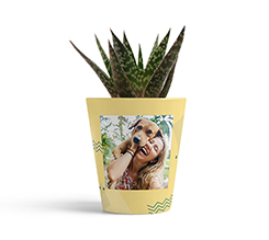 vaso in ceramica personalizzato con foto e grafica astratta con sfondo giallo
