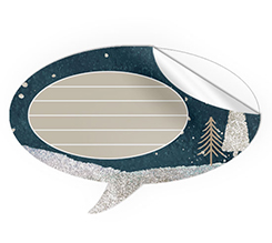 Adesivo a fumetto grafica con alberi di Natale e riquadro per scrivere