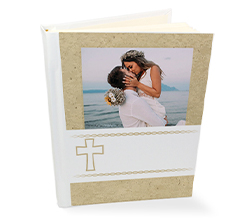 album per matrimonio con foto e grafica beige con fascia bianca e croce