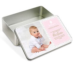 Scatola latta rettangolare Battesimo bimba pois